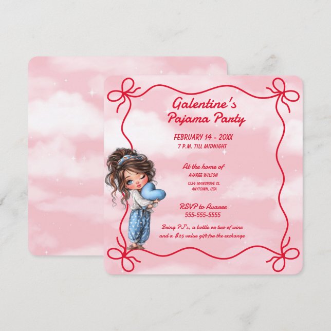 Inbjudan till Galentine's Pyjamasparty (Fram/baksida)