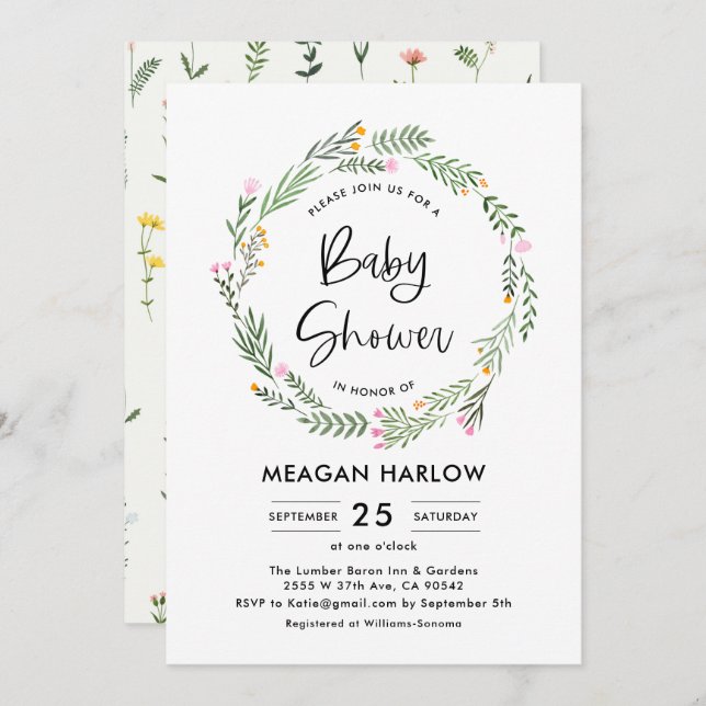 Inbjudan till Garden Wildblomma Baby Shower (Fram/baksida)