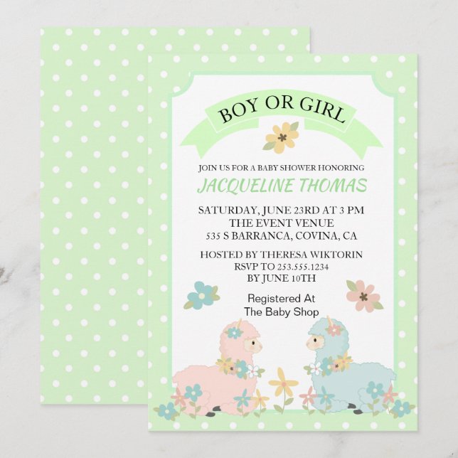 Inbjudan till gender Visa lama Baby Shower (Fram/baksida)
