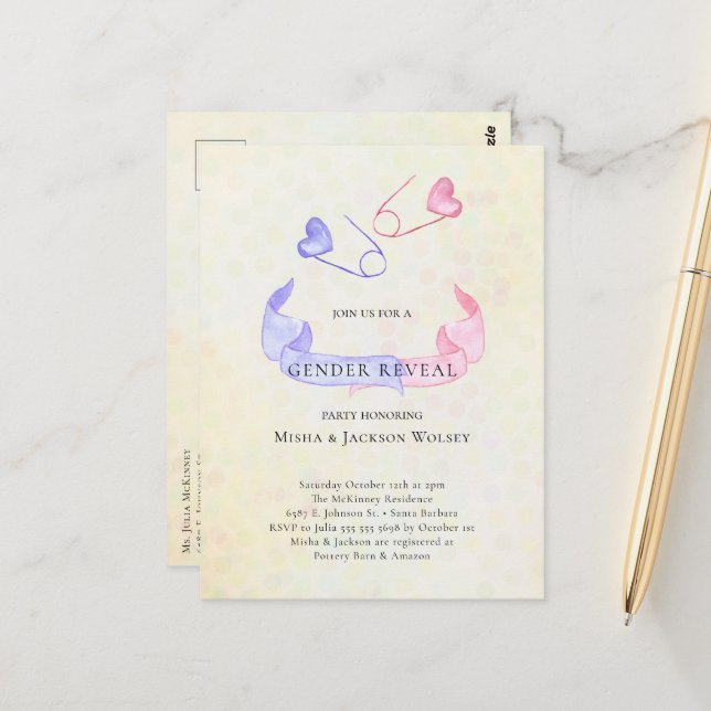 Inbjudan till gender Visa Rosa Blue Pin Baby Showe (Fram/Back In Situ)