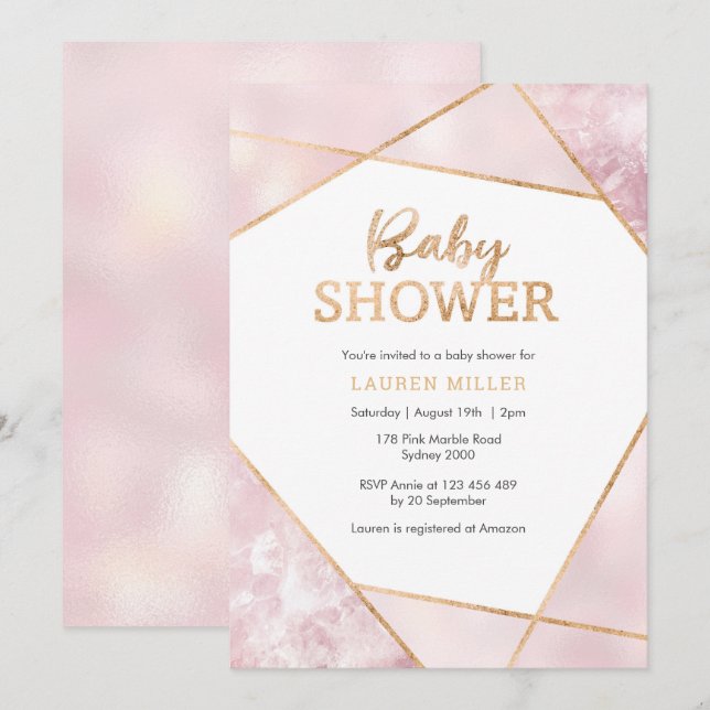 Inbjudan till Geo Rosa och Guld Baby Shower (Fram/baksida)