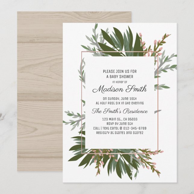 Inbjudan till Geometric and Greenery Baby Shower (Fram/baksida)