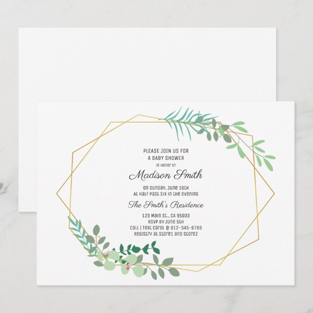 Inbjudan till Geometric and Greenery Baby Shower (Fram/baksida)