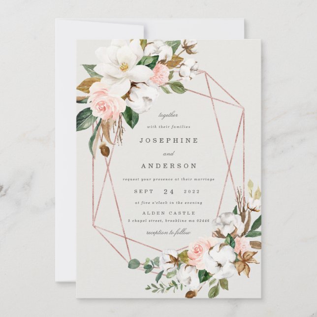 Inbjudan till Geometric Magnolia Cotton Wedding (Framsida)