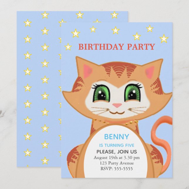 Inbjudan till Ginger Cat 5-års pojkfödelsedagsfest (Fram/baksida)