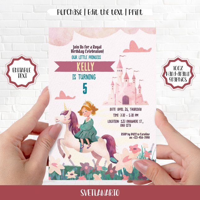 Inbjudan till Ginger Princess Riding Unicorn Party (Skapare uppladdad)