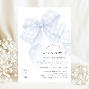 Inbjudan till Gingham Blue Bow Baby Shower
