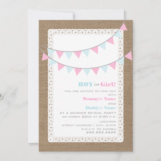 Inbjudan till Gingham Bunting Gender Reveal Party (Framsida)