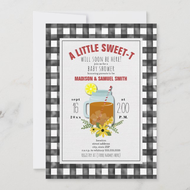 Inbjudan till Gingham Sweet Tea Blommig Bebis Show (Framsida)