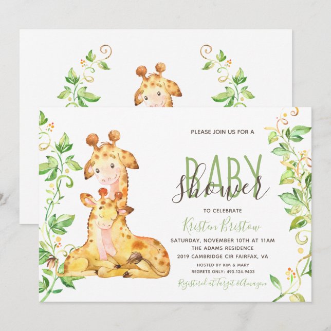 Inbjudan till Giraffe Animals Baby Shower (Fram/baksida)