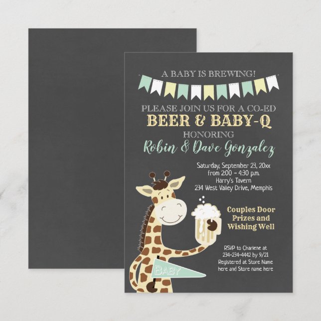 Inbjudan till Giraffe Baby-Q Par Baby Shower (Fram/baksida)