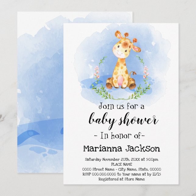 Inbjudan till Giraffe Baby Shower (Fram/baksida)