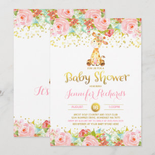 Inbjudan till Giraffe Baby Shower Blommigt Rosa &