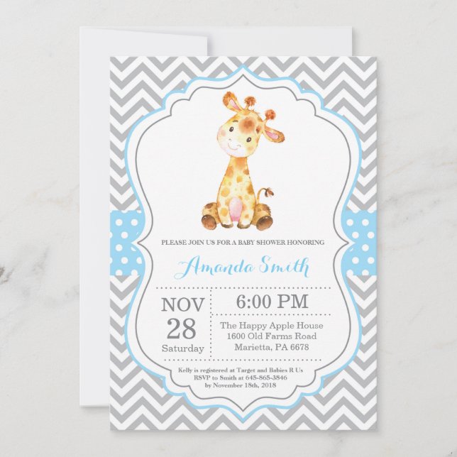 Inbjudan till Giraffe Baby Shower Blue och Grått (Framsida)