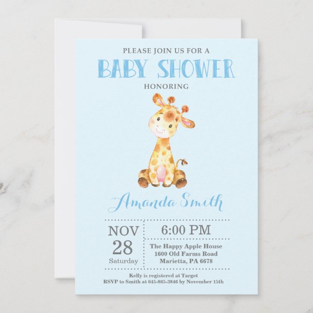 Inbjudan till Giraffe Baby Shower Blue och Grått (Framsida)