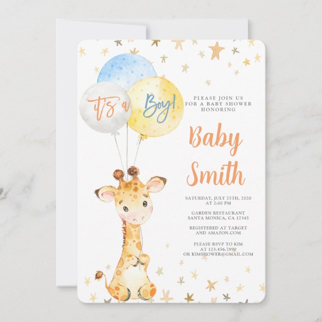 Inbjudan till Giraffe Baby Shower Boy (Framsida)