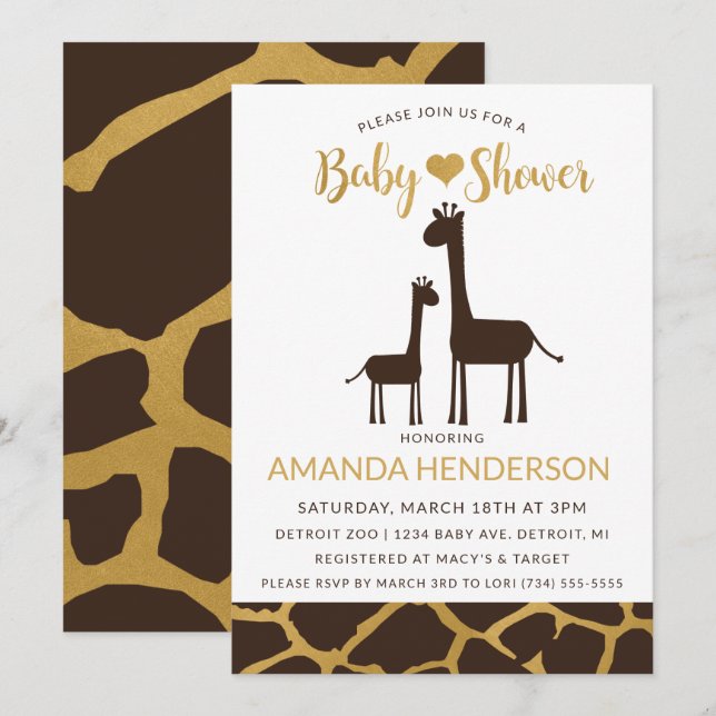 Inbjudan till Giraffe Baby Shower Brown & Guld (Fram/baksida)