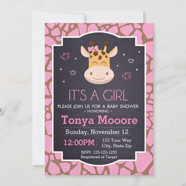 Inbjudan till Giraffe Baby Shower (flicka) (Framsida)