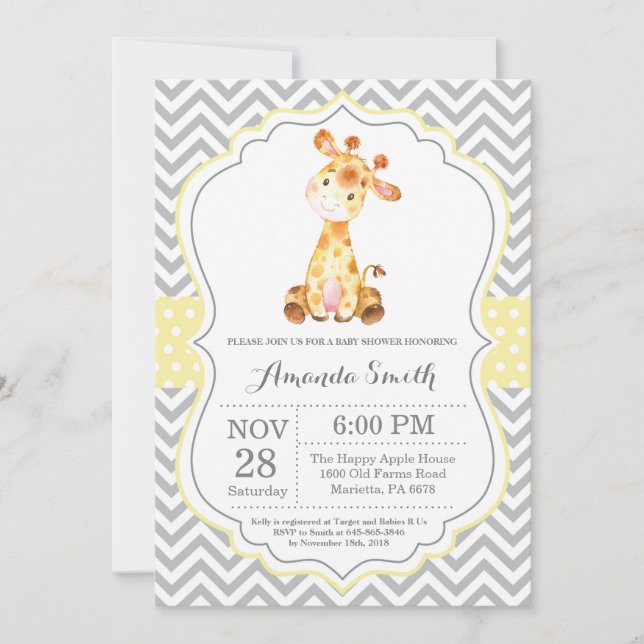 Inbjudan till Giraffe Baby Shower Gult och Grått (Framsida)