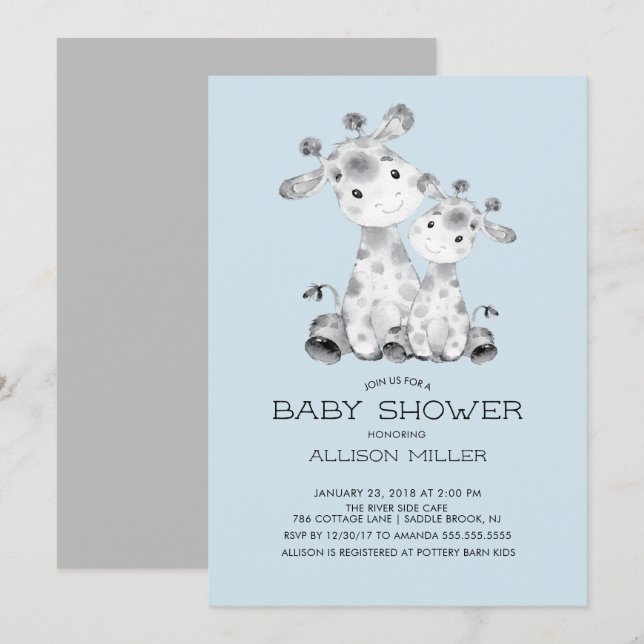 Inbjudan till Giraffe Boys baby Shower (Fram/baksida)