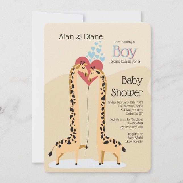 Inbjudan till Giraffe Couple Boy Baby Shower (Framsida)