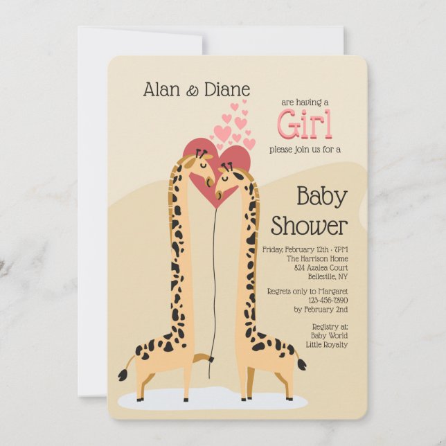 Inbjudan till Giraffe Couple Girl Baby Shower (Framsida)