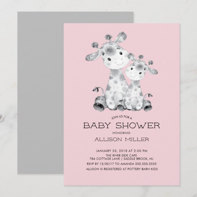 Inbjudan till Giraffe Girls baby Shower (Fram/baksida)