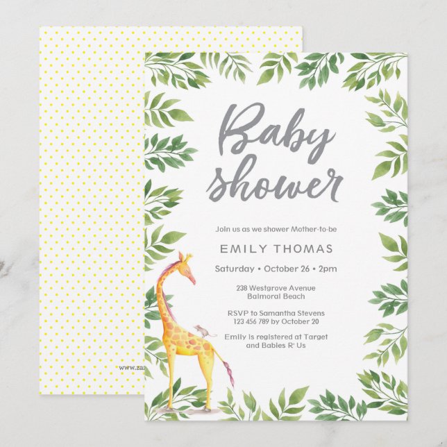 Inbjudan till Giraffe gult Baby Shower (Fram/baksida)