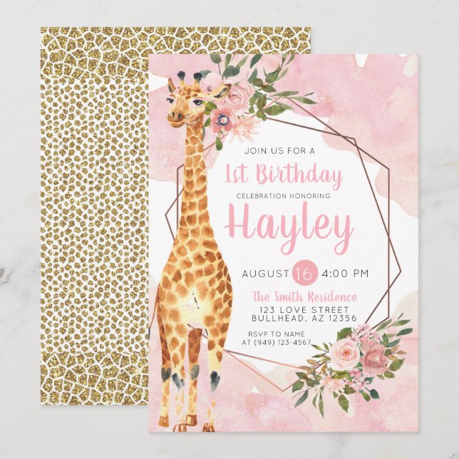 Inbjudan till Giraffe Safari Watercolor Birthday (Fram/baksida)
