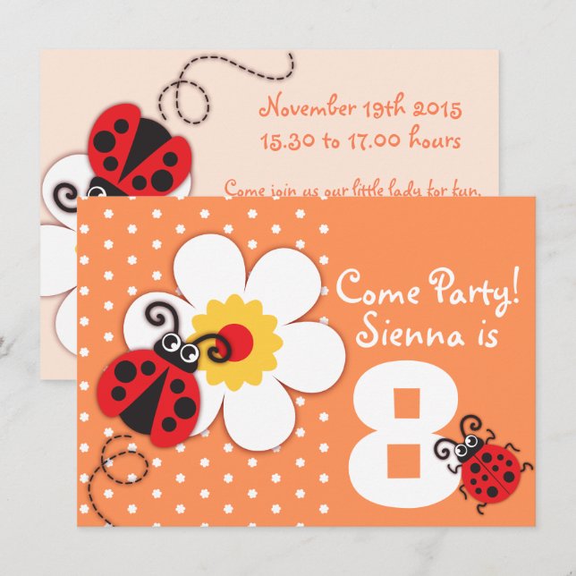 Inbjudan till Girls ladybug party lila (Fram/baksida)
