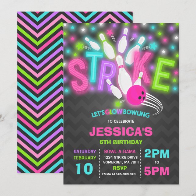 Inbjudan till glågenergiläge Neon Glow Bowling Par (Fram/baksida)