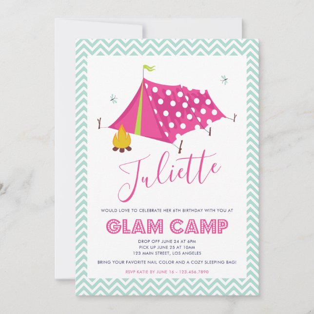 Inbjudan till Glam Camp Spa Makover Birthday (Framsida)