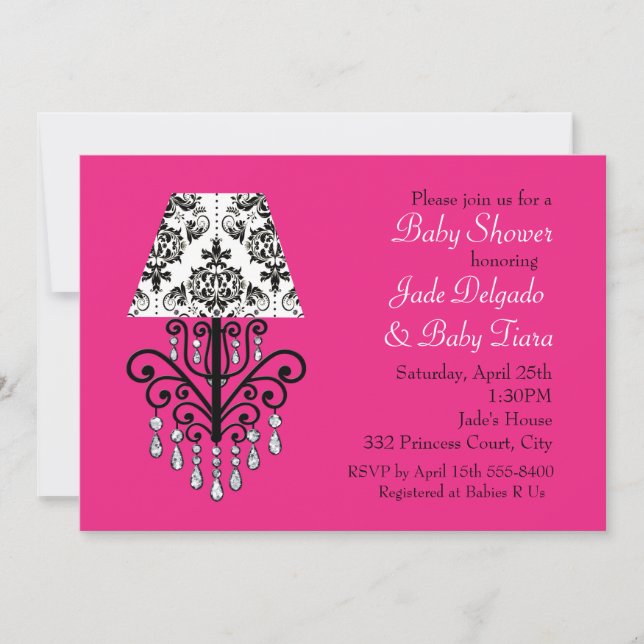 Inbjudan till Glam Chic Shock rosa & Damask Baby S (Framsida)