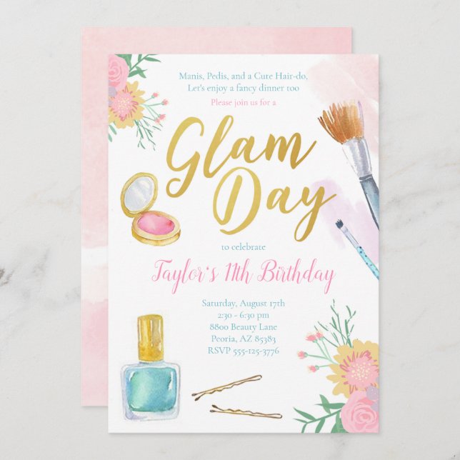 Inbjudan till Glam Day Birthday | Mani Pedi Spa Pa (Fram/baksida)