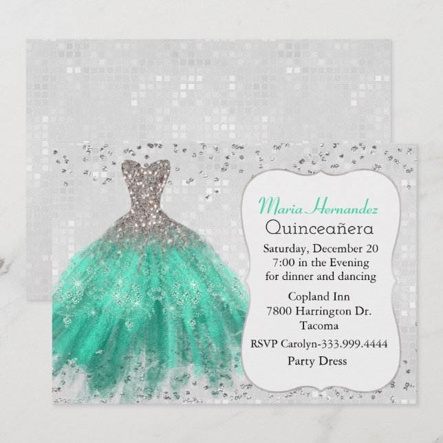 Inbjudan till Glam Silver och Teal Gown Quinceañer (Fram/baksida)