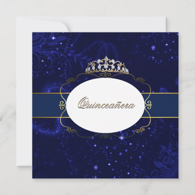 Inbjudan till Glamous Blue och Guld Quinceañera (Framsida)