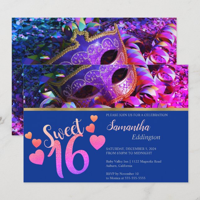 Inbjudan till Glamous Masquad Sweet 16 (Fram/baksida)