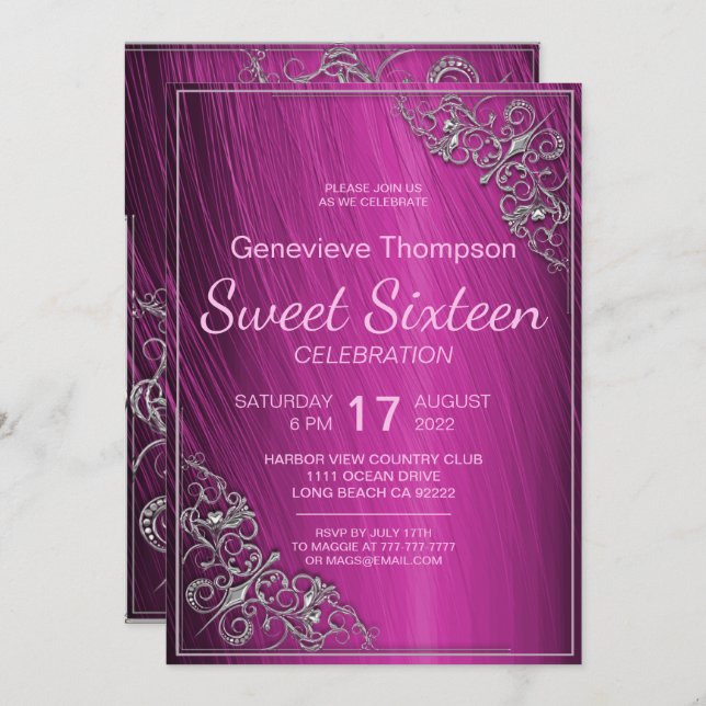 Inbjudan till Glamous Rosa Sweet sixteen Party (Fram/baksida)