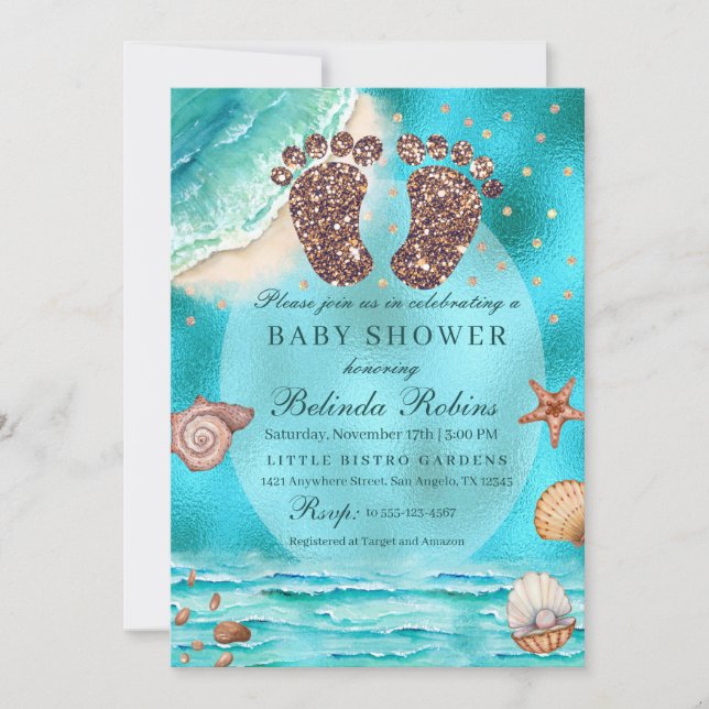 Inbjudan till Glitter Baby Feet Beach Baby Shower (Framsida)