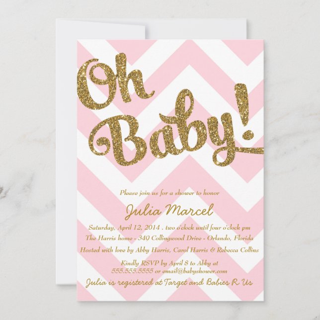 Inbjudan till glitter Baby Shower med Rosa Chevron (Framsida)