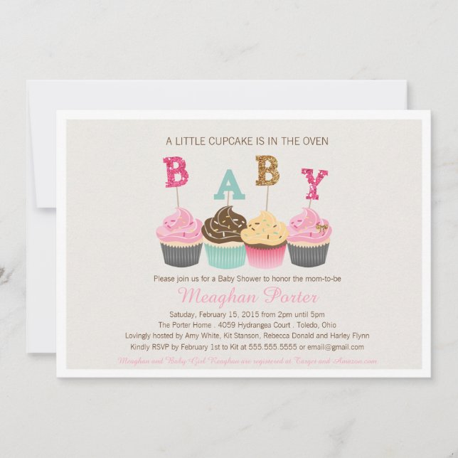 Inbjudan till glitter Baby Shower - Muffinsar, Gli (Framsida)