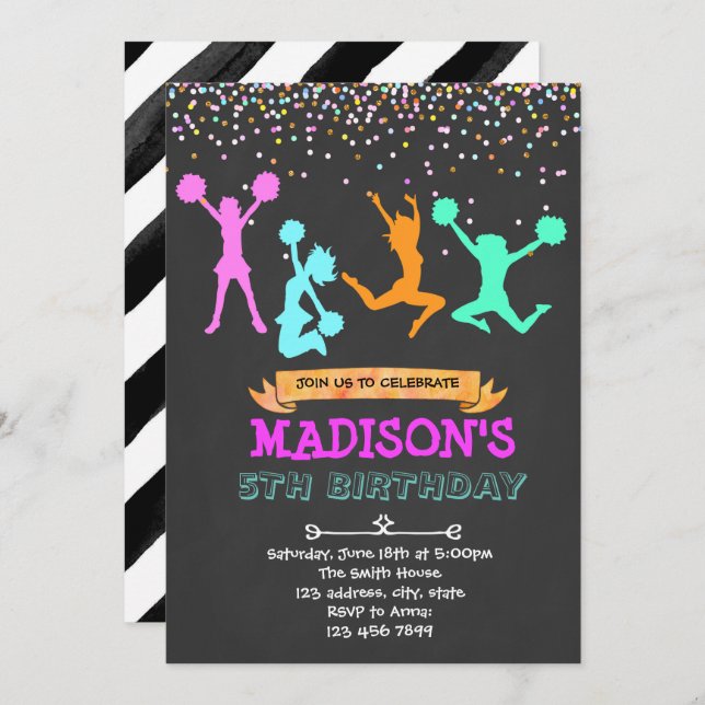 Inbjudan till glitter cheerleader-fest (Fram/baksida)