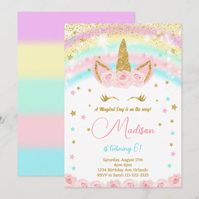Inbjudan till Glitter Rainbow Unicorn Barns födels (Fram/baksida)