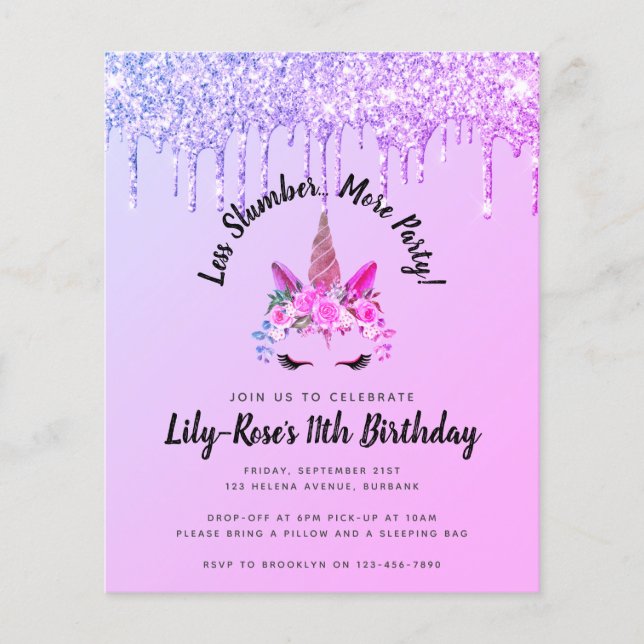Inbjudan till Glitter Unicorn Slumber Party (Framsida)