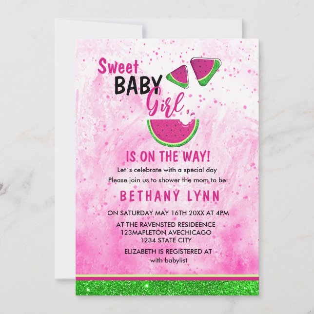 Inbjudan till Glitter Watermelon Girl Baby Shower (Framsida)