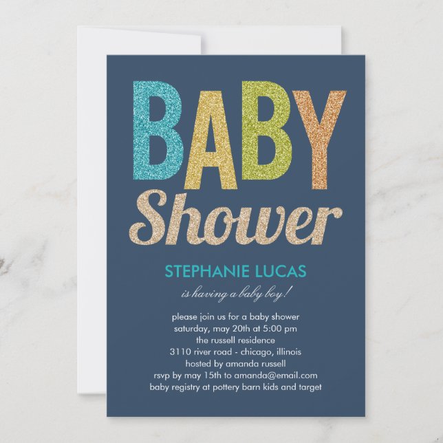 Inbjudan till Glittery Baby Shower - Boy (Framsida)