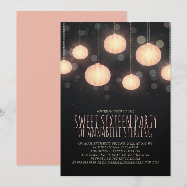 Inbjudan till Glowing Lanterners Sweet sixteen Par (Fram/baksida)