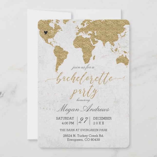 Inbjudan till Gold Foil World Map Bachelorette Par (Framsida)