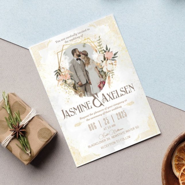 Inbjudan till Golden and Flower Elegant bröllop (Elegant  Wedding)
