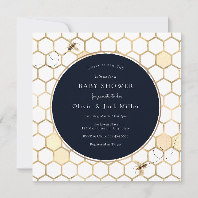 Inbjudan till Golden Bee Navy Blue Baby Shower (Framsida)